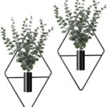 Jexine 4 Pcs Hanging Planters with Artificial Eucalyptus Metal Hanging Vase Indoor Plants Holder Modern Geometric Boho Bathroom Wall Decor for Living Room Home Office(Black)
