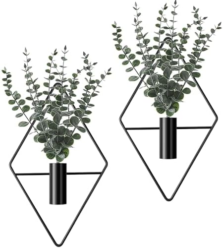 Jexine 4 Pcs Hanging Planters with Artificial Eucalyptus Metal Hanging Vase Indoor Plants Holder Modern Geometric Boho Bathroom Wall Decor for Living Room Home Office(Black)