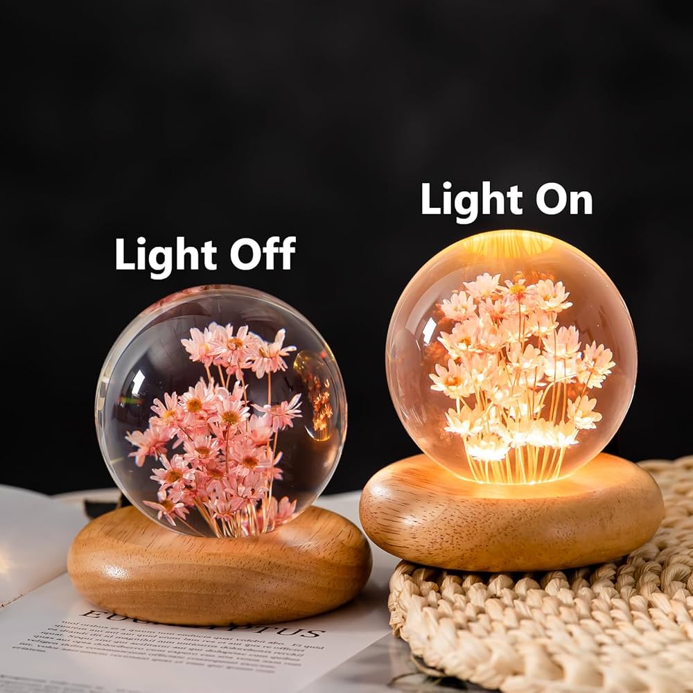 Real Flower Crystal Ball Night Light, Preserved Botanical Resin Sphere with Warm LED Wooden Base, Artistic Floral Lamp, Aesthetic Decor, Eternal Flower Gift for Women, Mom, Her (Red Daisy)