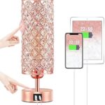 Hong-in Crystal Table Lamp – 3-Way Dimmable Touch Control, Rose Gold Bedside Lamp with USB C and A Ports, Nightstand Light for Living Room, Bedroom, Home Office (Bulb Included)