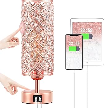 Hong-in Crystal Table Lamp – 3-Way Dimmable Touch Control, Rose Gold Bedside Lamp with USB C and A Ports, Nightstand Light for Living Room, Bedroom, Home Office (Bulb Included)