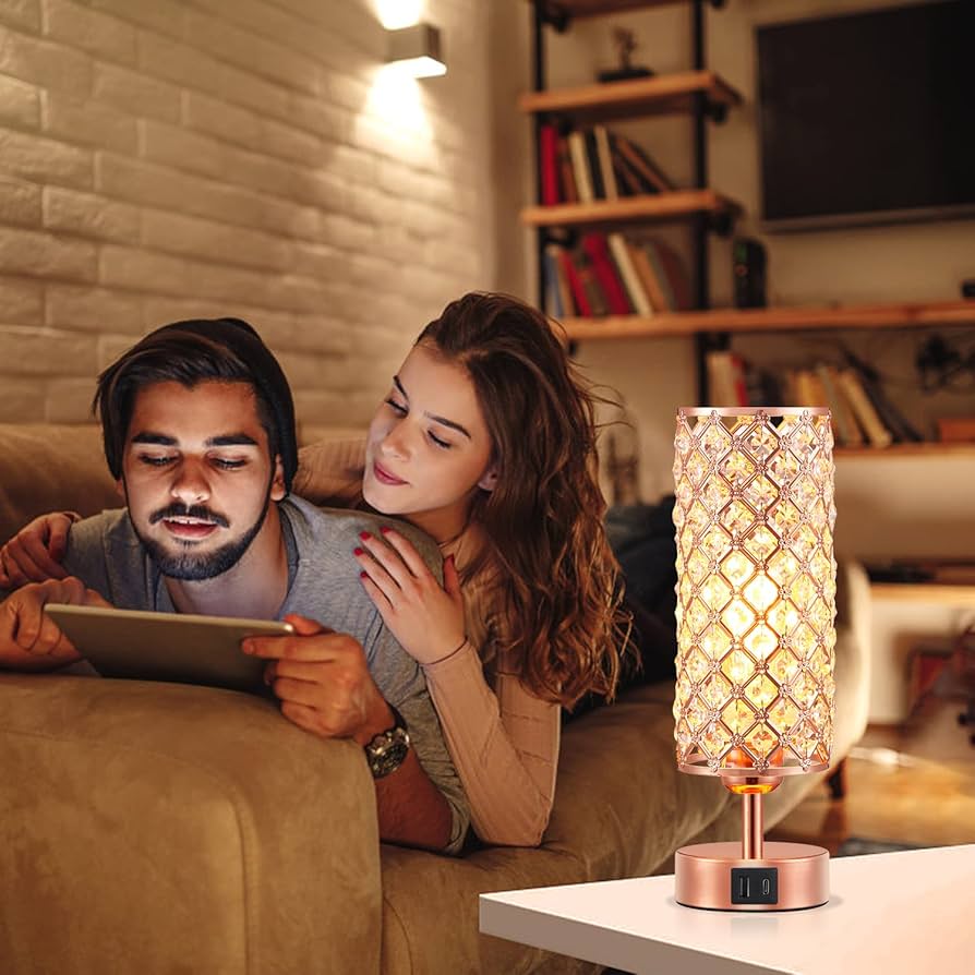 Hong-in Crystal Table Lamp – 3-Way Dimmable Touch Control, Rose Gold Bedside Lamp with USB C and A Ports, Nightstand Light for Living Room, Bedroom, Home Office (Bulb Included)