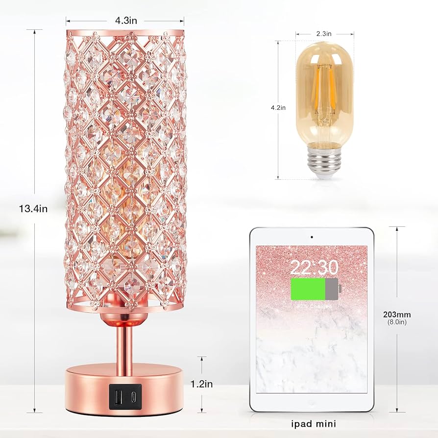 Hong-in Crystal Table Lamp – 3-Way Dimmable Touch Control, Rose Gold Bedside Lamp with USB C and A Ports, Nightstand Light for Living Room, Bedroom, Home Office (Bulb Included)