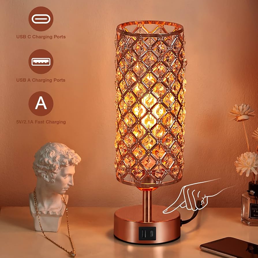 Hong-in Crystal Table Lamp – 3-Way Dimmable Touch Control, Rose Gold Bedside Lamp with USB C and A Ports, Nightstand Light for Living Room, Bedroom, Home Office (Bulb Included)