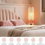 Hong-in Crystal Table Lamp – 3-Way Dimmable Touch Control, Rose Gold Bedside Lamp with USB C and A Ports, Nightstand Light for Living Room, Bedroom, Home Office (Bulb Included)