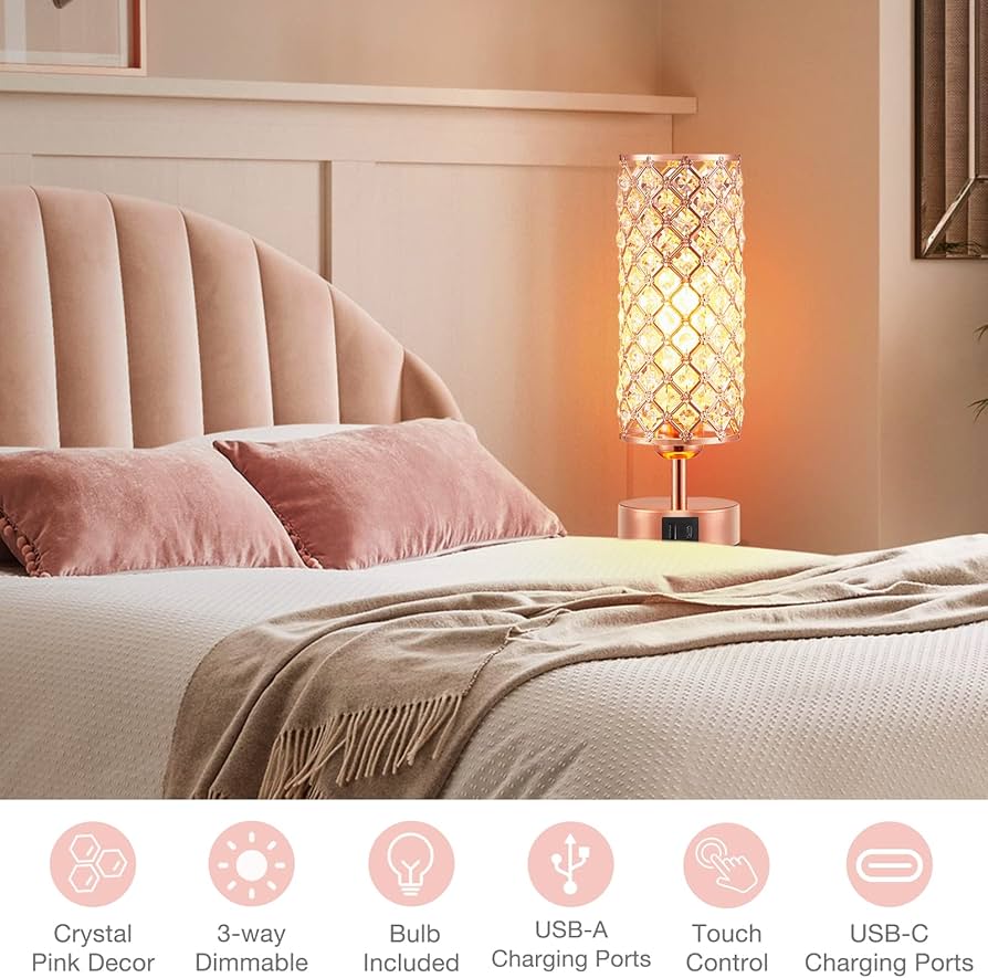 Hong-in Crystal Table Lamp – 3-Way Dimmable Touch Control, Rose Gold Bedside Lamp with USB C and A Ports, Nightstand Light for Living Room, Bedroom, Home Office (Bulb Included)