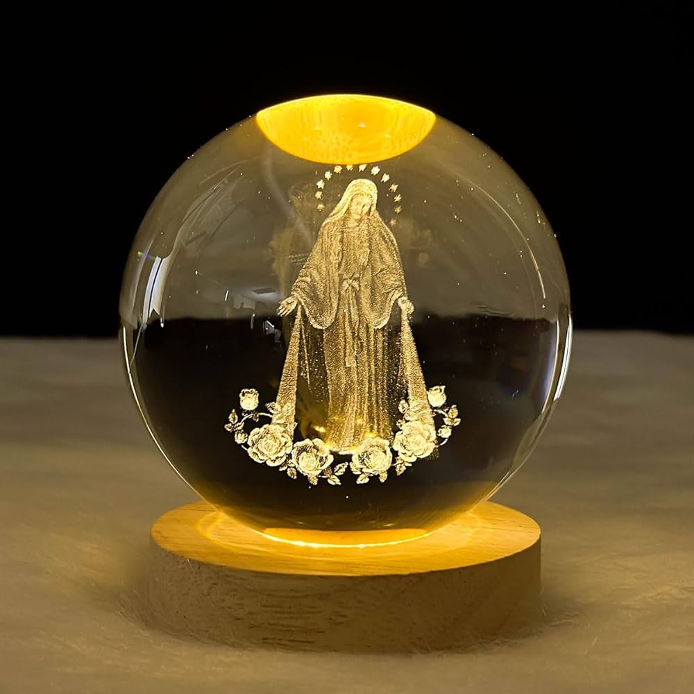 Jesuspirit – Christian Decor, Wooden Light Base Crystal Ball Night Light, Home Decor – Christian Gifts for Men and Women (The Virgin Mary)