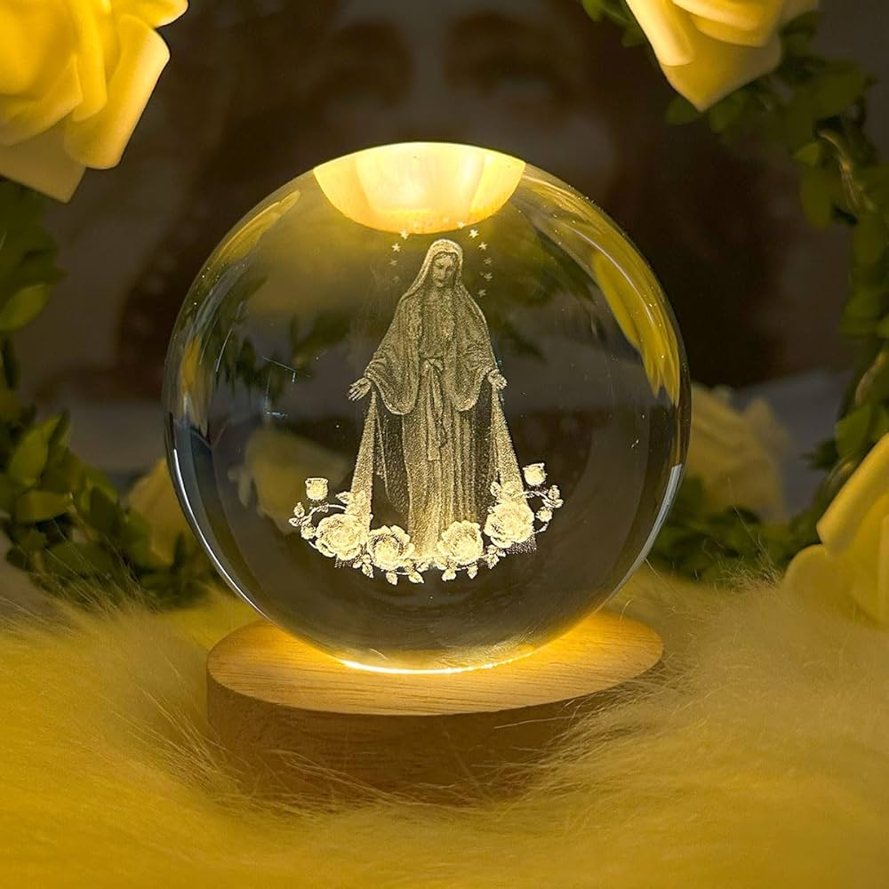 Jesuspirit – Christian Decor, Wooden Light Base Crystal Ball Night Light, Home Decor – Christian Gifts for Men and Women (The Virgin Mary)
