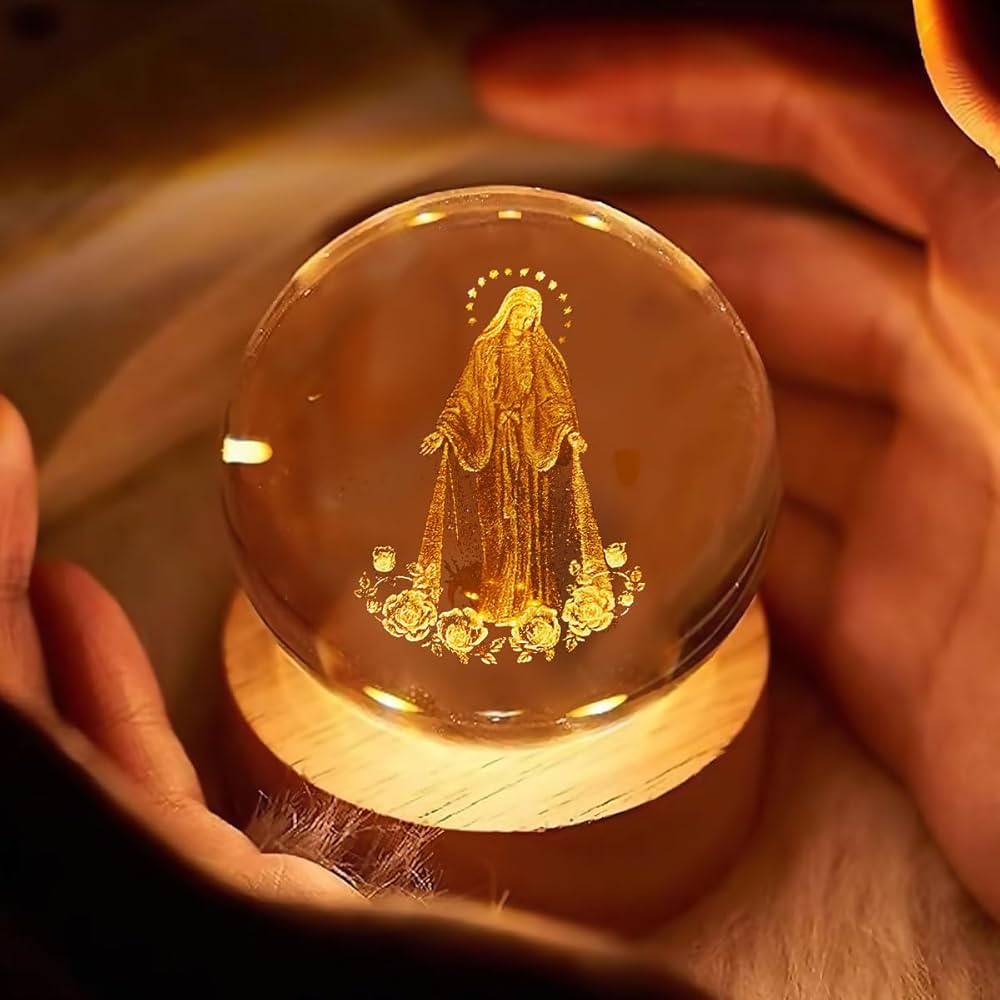 Jesuspirit – Christian Decor, Wooden Light Base Crystal Ball Night Light, Home Decor – Christian Gifts for Men and Women (The Virgin Mary)