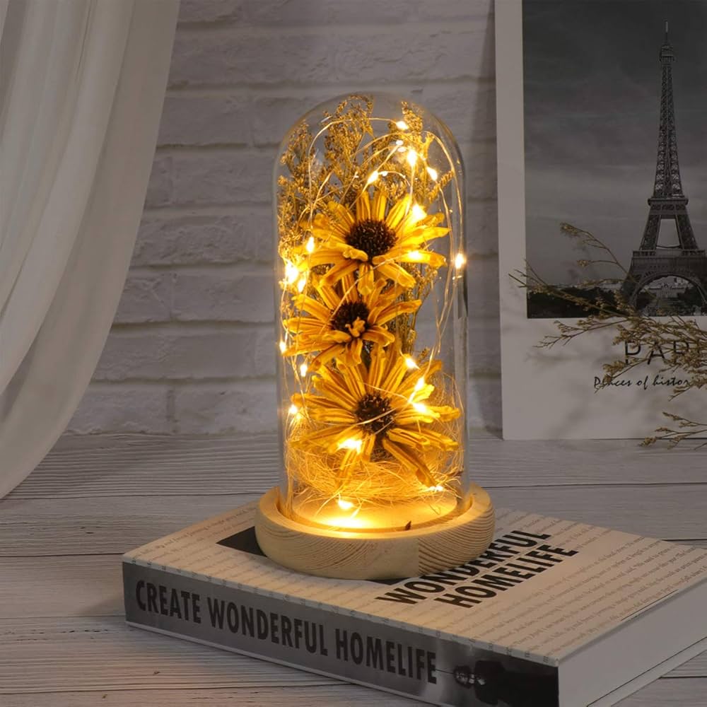 Artificial Sunflower in Glass Dome Enchanted Sunflower with LED Light Preserved Flowers Flower Dome for Day Mothers Day Valentines Birthday, Yellow