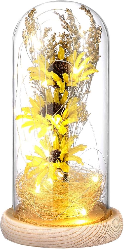 Artificial Sunflower in Glass Dome Enchanted Sunflower with LED Light Preserved Flowers Flower Dome for Day Mothers Day Valentines Birthday, Yellow