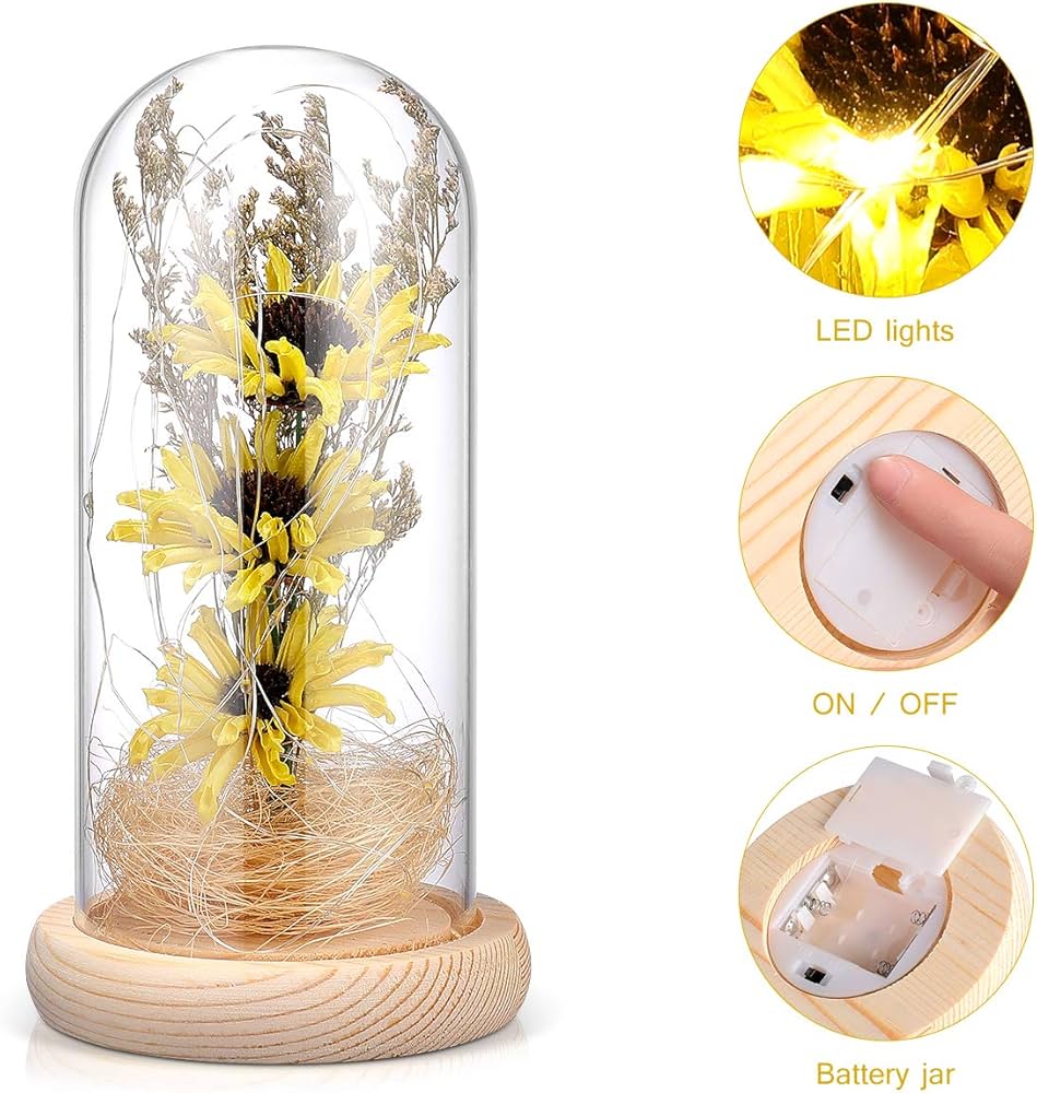 Artificial Sunflower in Glass Dome Enchanted Sunflower with LED Light Preserved Flowers Flower Dome for Day Mothers Day Valentines Birthday, Yellow
