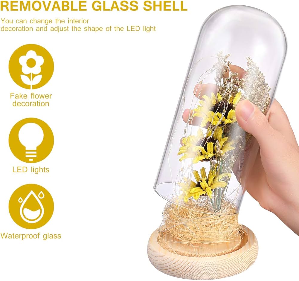 Artificial Sunflower in Glass Dome Enchanted Sunflower with LED Light Preserved Flowers Flower Dome for Day Mothers Day Valentines Birthday, Yellow