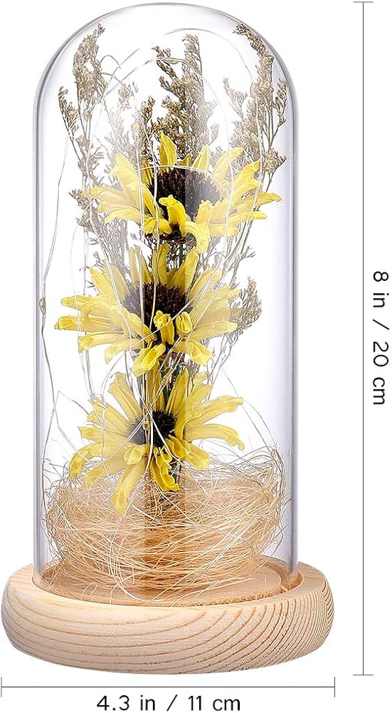 Artificial Sunflower in Glass Dome Enchanted Sunflower with LED Light Preserved Flowers Flower Dome for Day Mothers Day Valentines Birthday, Yellow