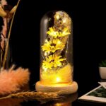 Artificial Sunflower in Glass Dome Enchanted Sunflower with LED Light Preserved Flowers Flower Dome for Day Mothers Day Valentines Birthday, Yellow