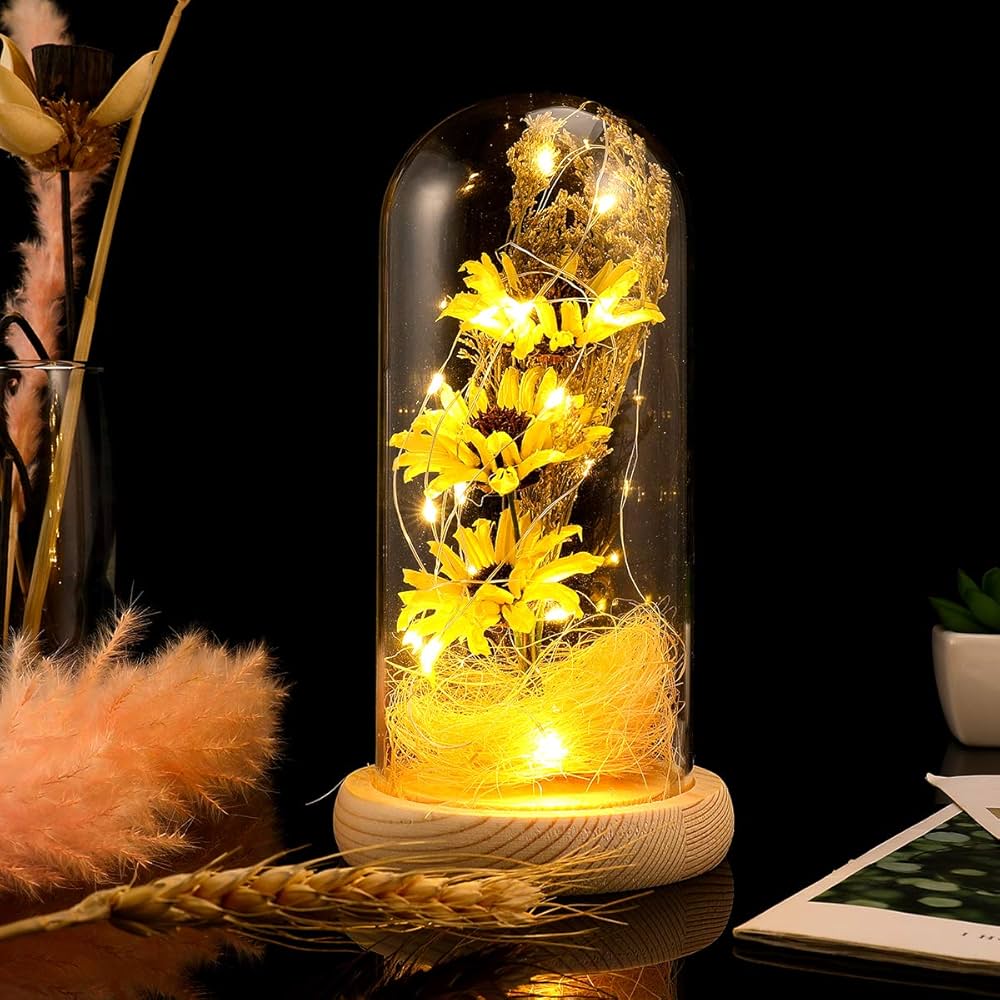Artificial Sunflower in Glass Dome Enchanted Sunflower with LED Light Preserved Flowers Flower Dome for Day Mothers Day Valentines Birthday, Yellow