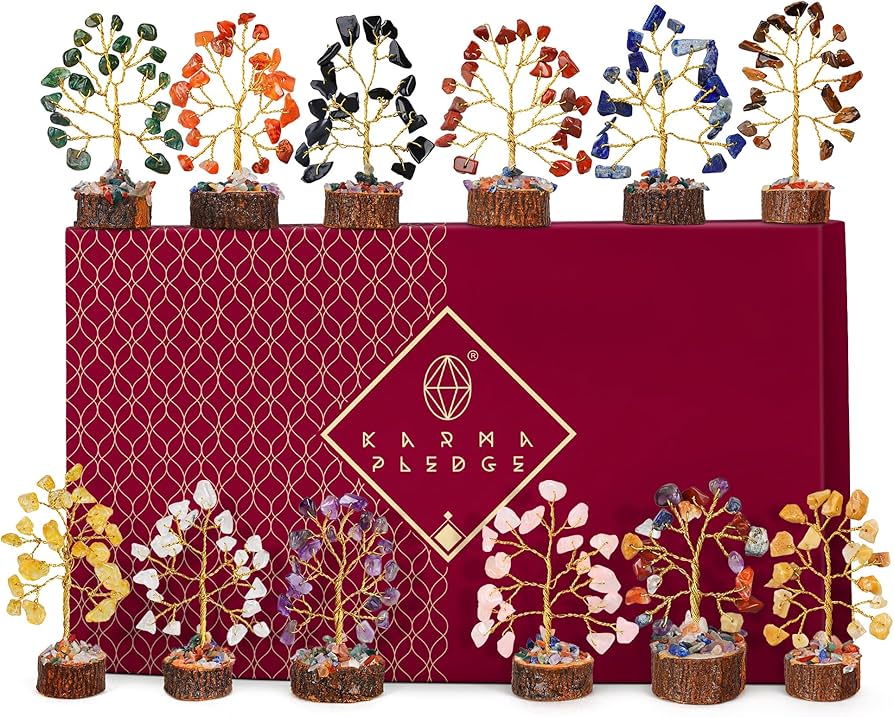 Crystal Tree Set of 12 Unique Birthday Gifts for Women, Sister, Mom, Home Office Decor, Shelf Desk Decoration for Positive Energy, Bring Good Luck, Money, Reiki Healing, Chakra Tree of Life Gift Sets