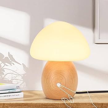 Mushroom Lamp with Touch Control Switch, Small Wooden Table Lamp with Glass Shade, 3 Way Dimmable Nightstand Lamp for Bedroom, G9 LED Bulb Included (Nature Wood&Opal White Glass Shade)