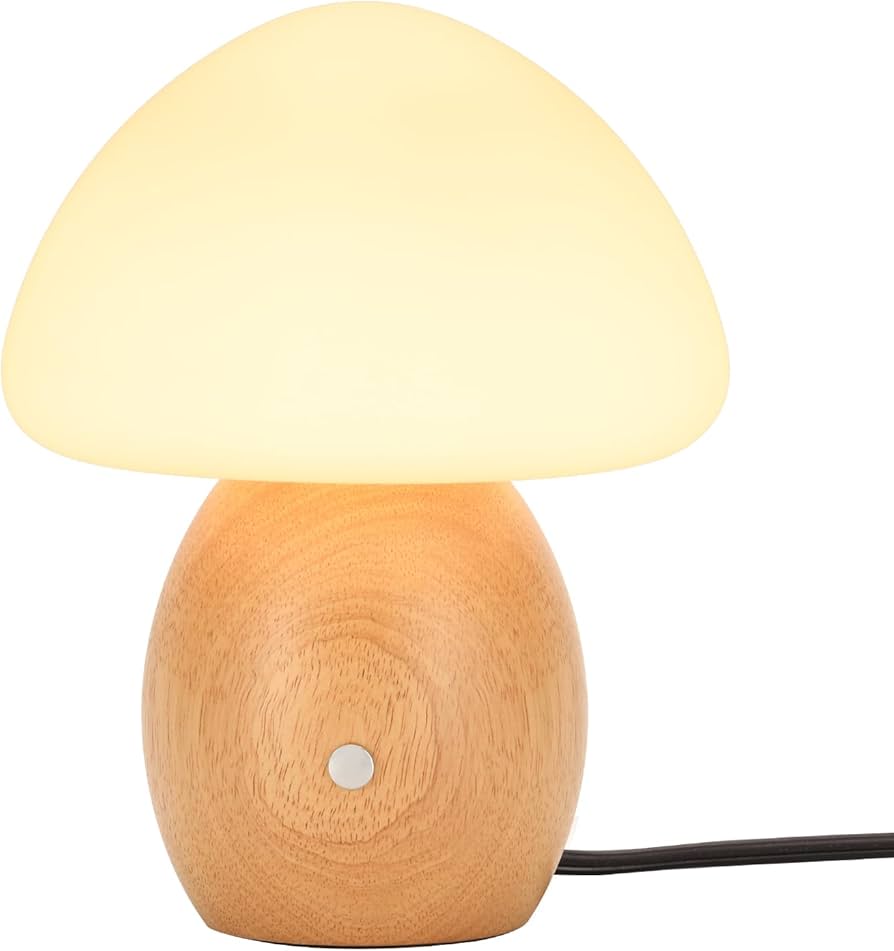 Mushroom Lamp with Touch Control Switch, Small Wooden Table Lamp with Glass Shade, 3 Way Dimmable Nightstand Lamp for Bedroom, G9 LED Bulb Included (Nature Wood&Opal White Glass Shade)