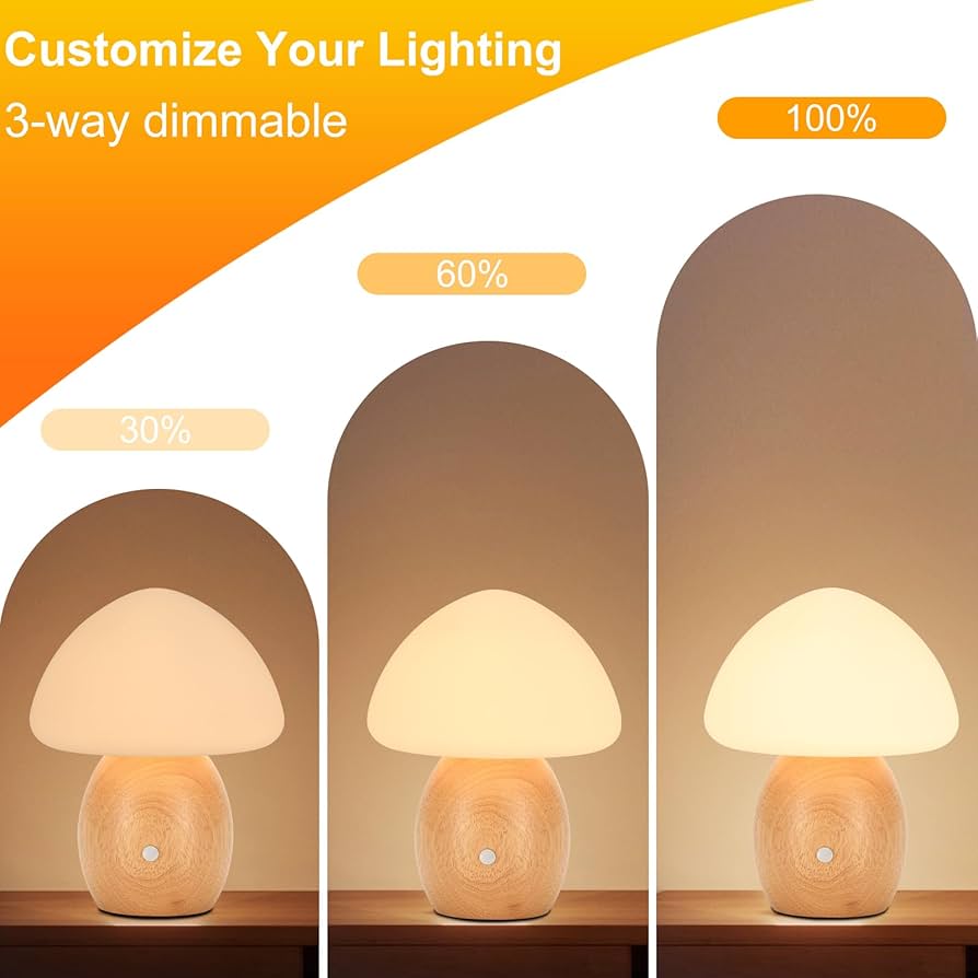 Mushroom Lamp with Touch Control Switch, Small Wooden Table Lamp with Glass Shade, 3 Way Dimmable Nightstand Lamp for Bedroom, G9 LED Bulb Included (Nature Wood&Opal White Glass Shade)