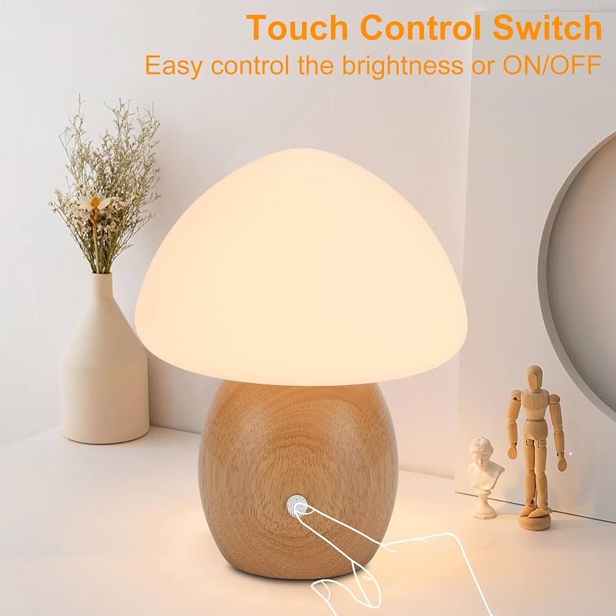 Mushroom Lamp with Touch Control Switch, Small Wooden Table Lamp with Glass Shade, 3 Way Dimmable Nightstand Lamp for Bedroom, G9 LED Bulb Included (Nature Wood&Opal White Glass Shade)