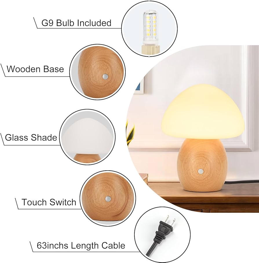 Mushroom Lamp with Touch Control Switch, Small Wooden Table Lamp with Glass Shade, 3 Way Dimmable Nightstand Lamp for Bedroom, G9 LED Bulb Included (Nature Wood&Opal White Glass Shade)