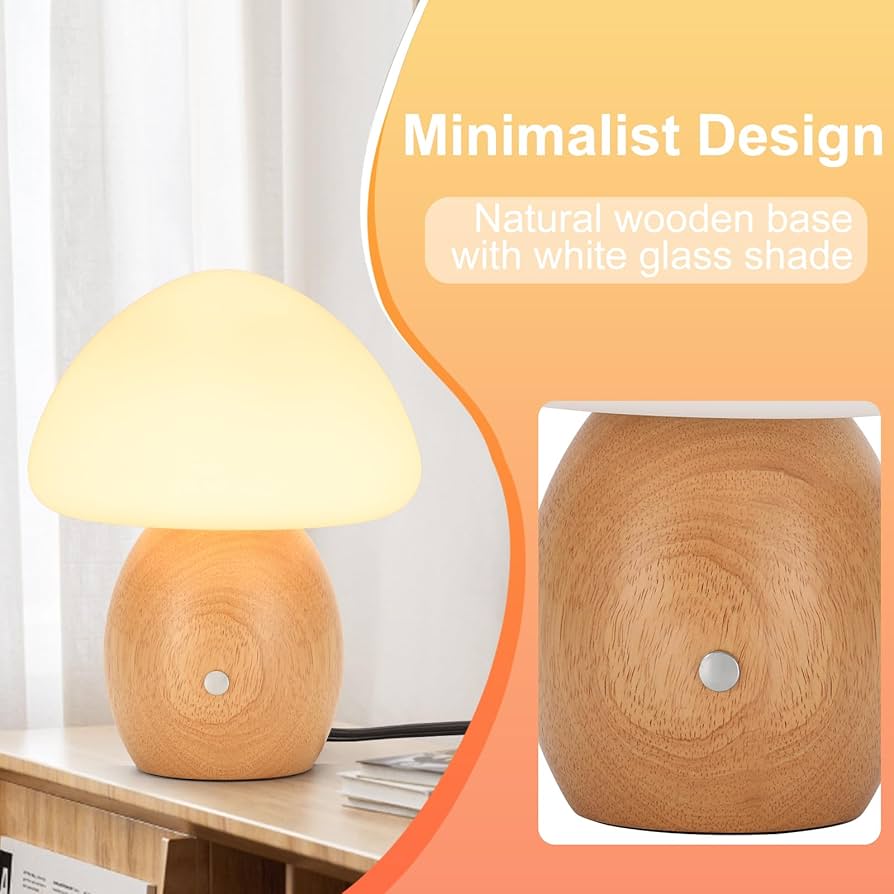 Mushroom Lamp with Touch Control Switch, Small Wooden Table Lamp with Glass Shade, 3 Way Dimmable Nightstand Lamp for Bedroom, G9 LED Bulb Included (Nature Wood&Opal White Glass Shade)
