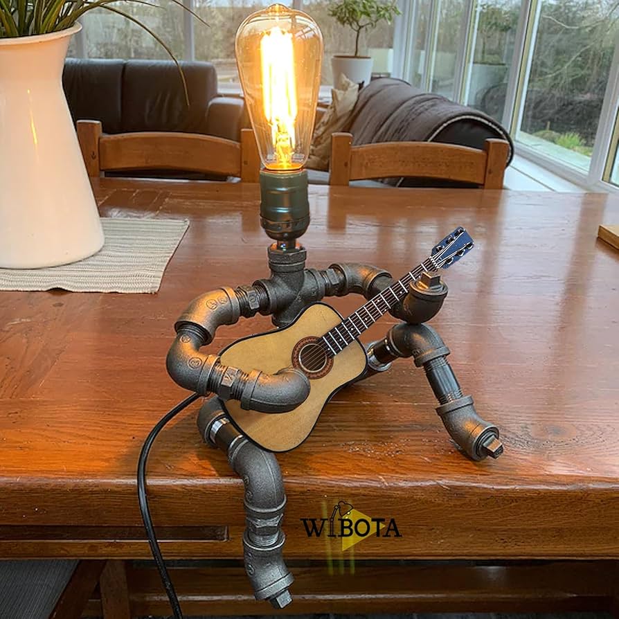 Steampunk Industrial Guitar Lamp – Unique Table Lamp/Desk Lamp with Edison Bulb, Vintage Decorative Lamp for Men, Guitar Lovers & Musicians, Creative Unusual Music-Themed Gift