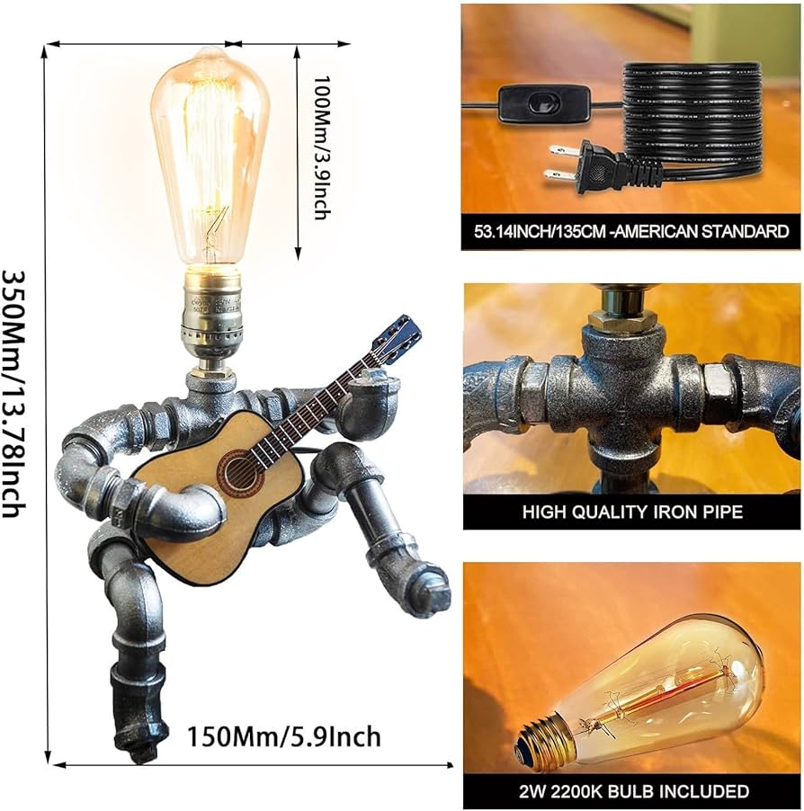 Steampunk Industrial Guitar Lamp – Unique Table Lamp/Desk Lamp with Edison Bulb, Vintage Decorative Lamp for Men, Guitar Lovers & Musicians, Creative Unusual Music-Themed Gift