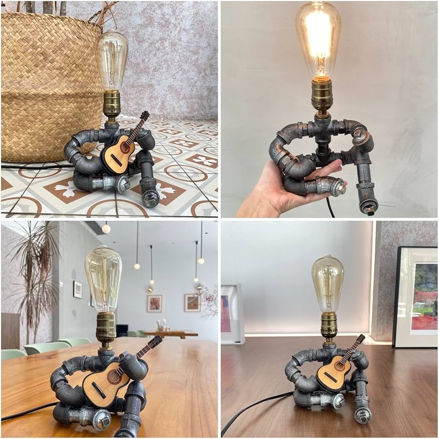 Steampunk Industrial Guitar Lamp – Unique Table Lamp/Desk Lamp with Edison Bulb, Vintage Decorative Lamp for Men, Guitar Lovers & Musicians, Creative Unusual Music-Themed Gift
