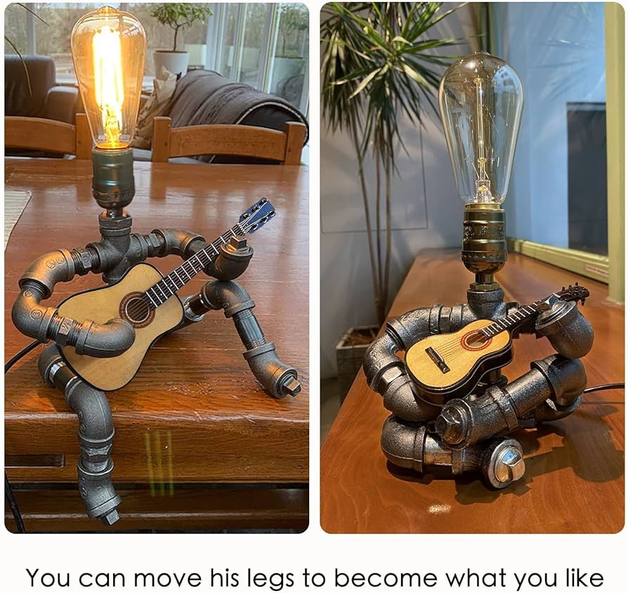 Steampunk Industrial Guitar Lamp – Unique Table Lamp/Desk Lamp with Edison Bulb, Vintage Decorative Lamp for Men, Guitar Lovers & Musicians, Creative Unusual Music-Themed Gift