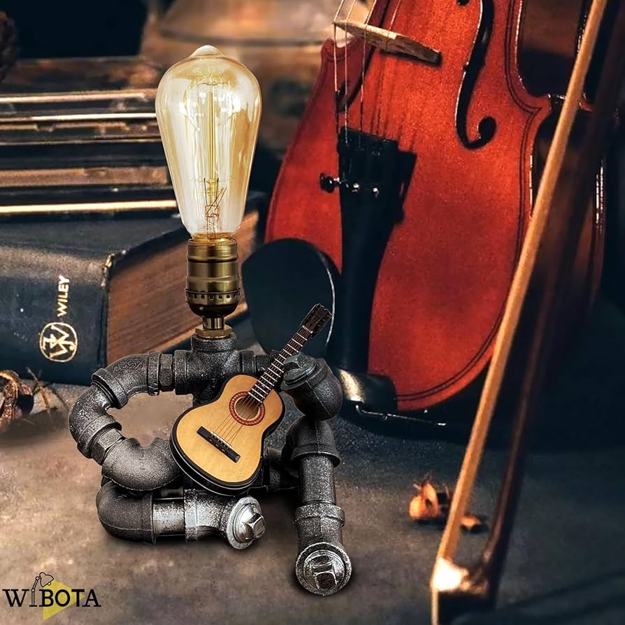 Steampunk Industrial Guitar Lamp – Unique Table Lamp/Desk Lamp with Edison Bulb, Vintage Decorative Lamp for Men, Guitar Lovers & Musicians, Creative Unusual Music-Themed Gift
