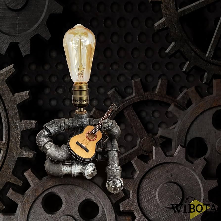 Steampunk Industrial Guitar Lamp – Unique Table Lamp/Desk Lamp with Edison Bulb, Vintage Decorative Lamp for Men, Guitar Lovers & Musicians, Creative Unusual Music-Themed Gift