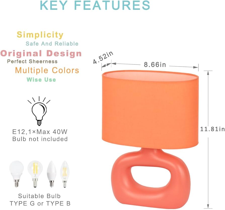 Lampwell LACIO Orange Small Table Lamp for Living Room as Bedside Table Lamp for Bedroom,Modern Ceramic Kids Night Table Lamp,8.66×4.53×H11.81IN,Bulb Excluded