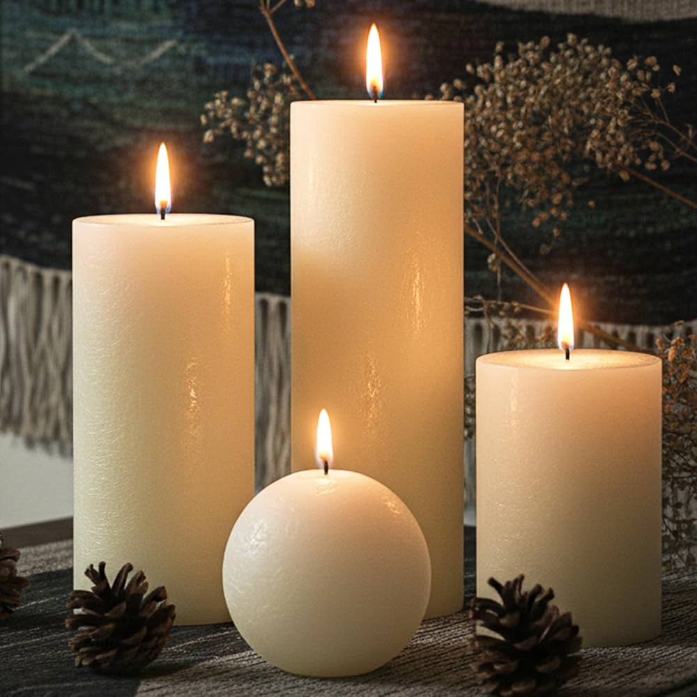 Ivory Rustic Textured Pillar Candles Set – 4 Pcs Assorted Sizes Unscented Pillar Candle, Decorative Farmhouse Candles for Home Centerpiece Decor, Holiday Dinner Table, Dripless & Smokeless