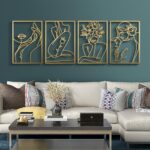 Bakovity Gold Metal Wall Art, Abstract Flower Line Sculpture, Gold Minimalist Modern Wall Decor for Living Room, Bedroom, Bathroom (4 Pieces, 17 x 12 Inches)