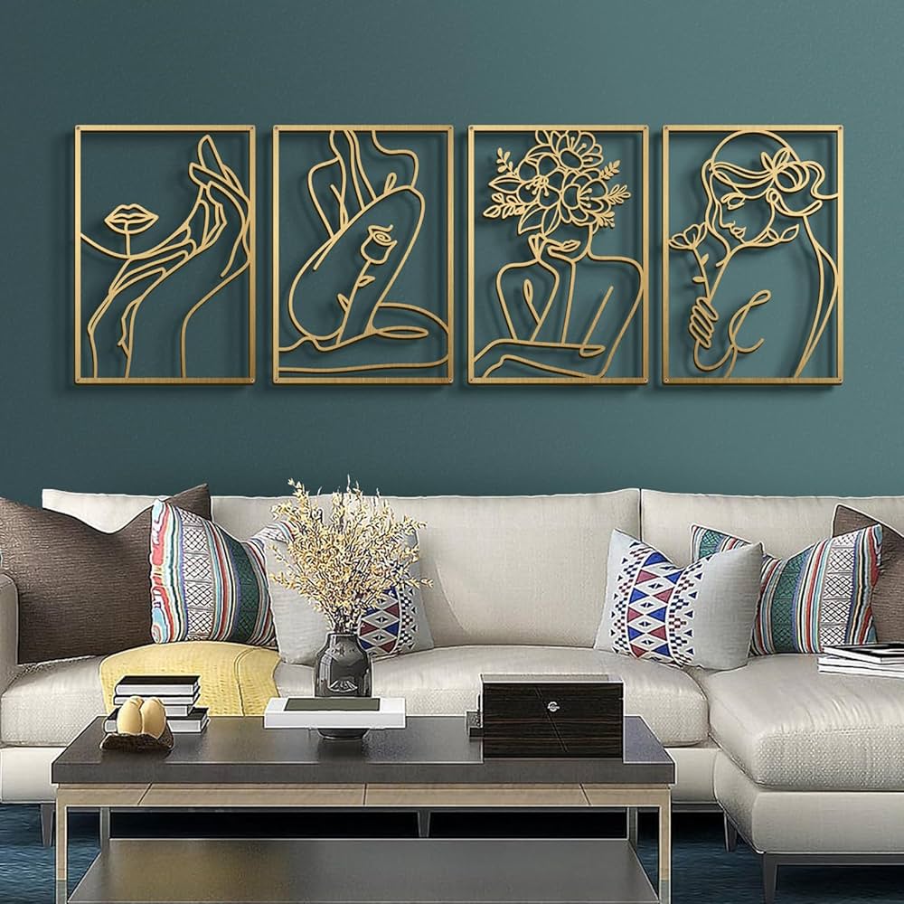 Bakovity Gold Metal Wall Art, Abstract Flower Line Sculpture, Gold Minimalist Modern Wall Decor for Living Room, Bedroom, Bathroom (4 Pieces, 17 x 12 Inches)