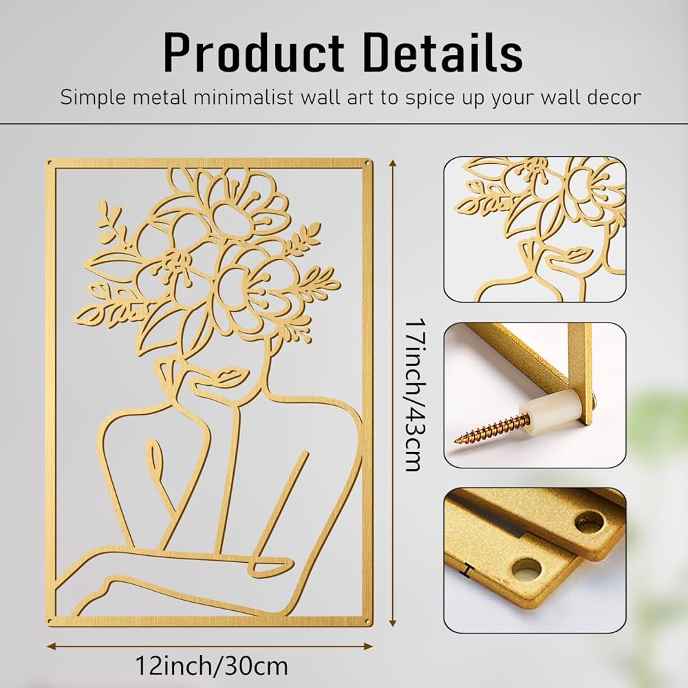 Bakovity Gold Metal Wall Art, Abstract Flower Line Sculpture, Gold Minimalist Modern Wall Decor for Living Room, Bedroom, Bathroom (4 Pieces, 17 x 12 Inches)