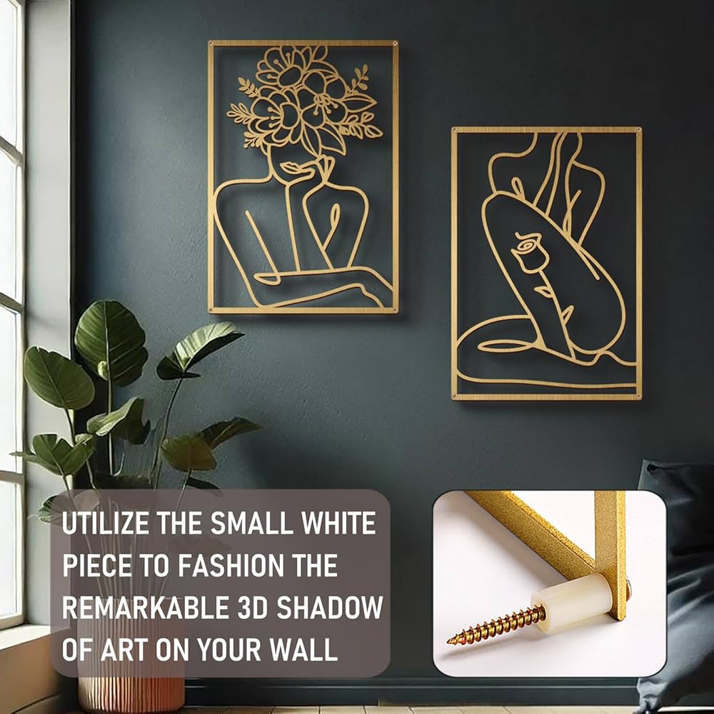 Bakovity Gold Metal Wall Art, Abstract Flower Line Sculpture, Gold Minimalist Modern Wall Decor for Living Room, Bedroom, Bathroom (4 Pieces, 17 x 12 Inches)