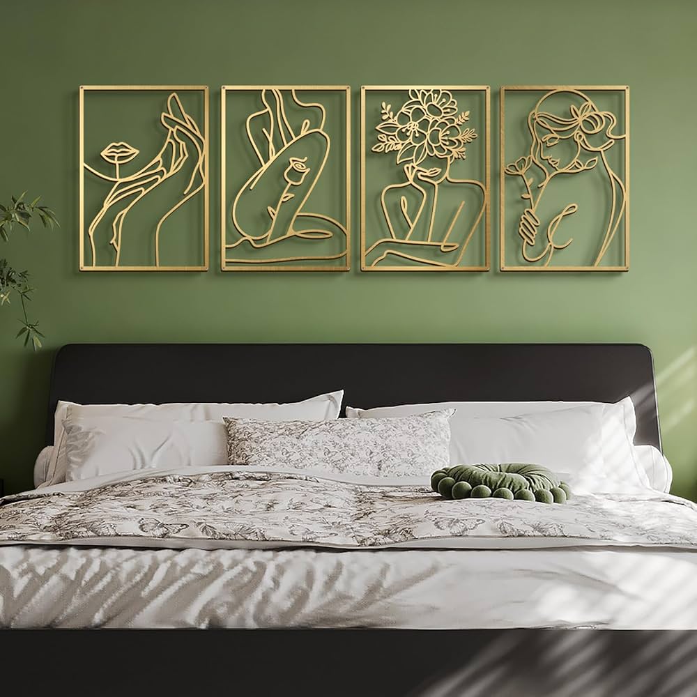 Bakovity Gold Metal Wall Art, Abstract Flower Line Sculpture, Gold Minimalist Modern Wall Decor for Living Room, Bedroom, Bathroom (4 Pieces, 17 x 12 Inches)