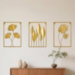 Metal Wall Art 3D Minimalist Tree Leaf Wall Sculpture Decor, Gold Framed Wall Art for Living Room Bedroom Dining Room Office – Housewarming Gifts (Gold, 3 Pack)