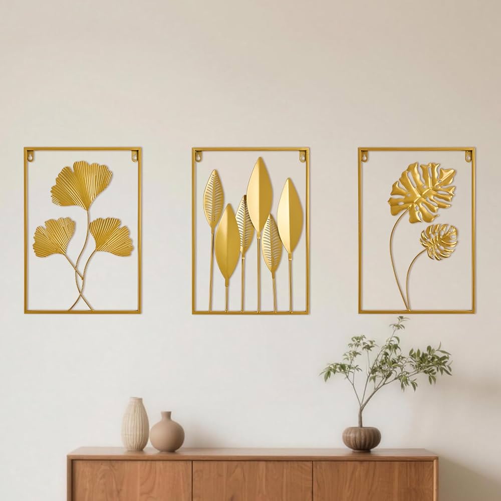 Metal Wall Art 3D Minimalist Tree Leaf Wall Sculpture Decor, Gold Framed Wall Art for Living Room Bedroom Dining Room Office – Housewarming Gifts (Gold, 3 Pack)