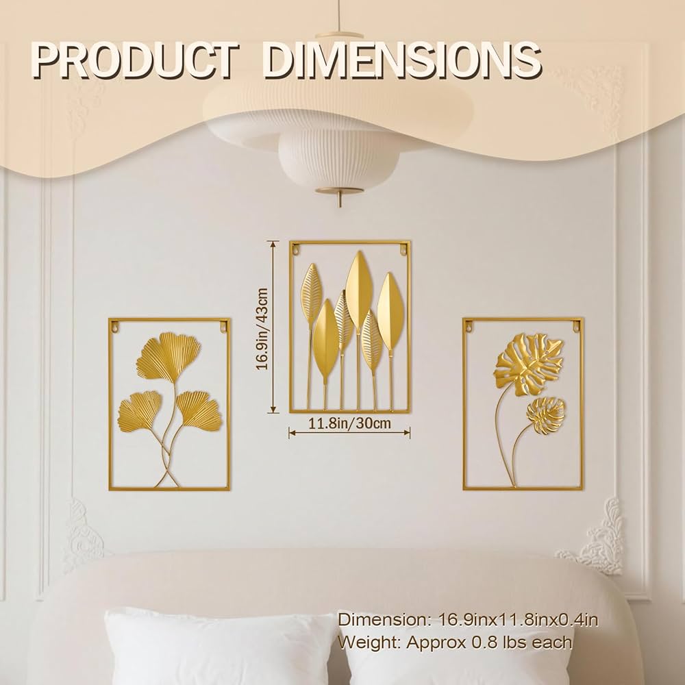 Metal Wall Art 3D Minimalist Tree Leaf Wall Sculpture Decor, Gold Framed Wall Art for Living Room Bedroom Dining Room Office – Housewarming Gifts (Gold, 3 Pack)
