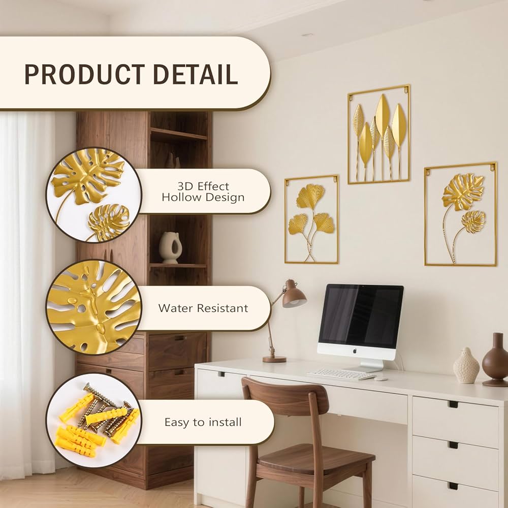 Metal Wall Art 3D Minimalist Tree Leaf Wall Sculpture Decor, Gold Framed Wall Art for Living Room Bedroom Dining Room Office – Housewarming Gifts (Gold, 3 Pack)