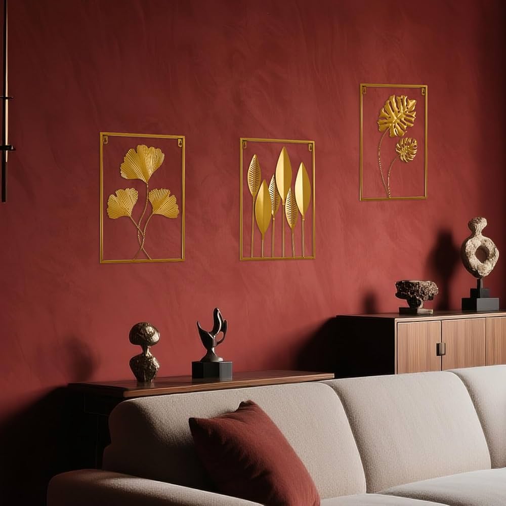 Metal Wall Art 3D Minimalist Tree Leaf Wall Sculpture Decor, Gold Framed Wall Art for Living Room Bedroom Dining Room Office – Housewarming Gifts (Gold, 3 Pack)