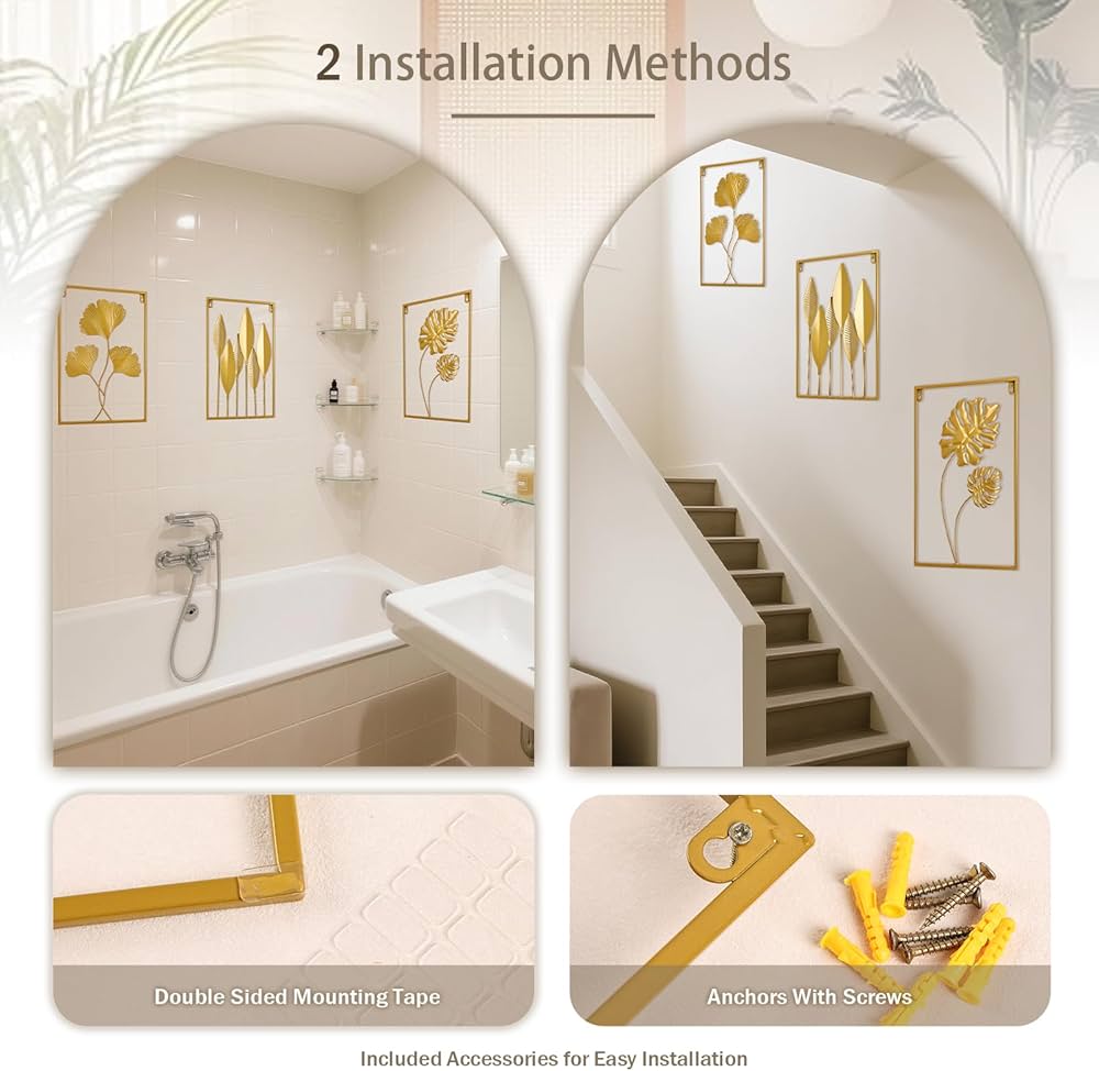 Metal Wall Art 3D Minimalist Tree Leaf Wall Sculpture Decor, Gold Framed Wall Art for Living Room Bedroom Dining Room Office – Housewarming Gifts (Gold, 3 Pack)