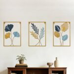 Metal Wall Art 3D Minimalist Tree Leaf Wall Sculpture Decor, Gold Framed Wall Art for Living Room Bedroom Dining Room Office – Housewarming Gifts (Gold Gray, 3 Pack)