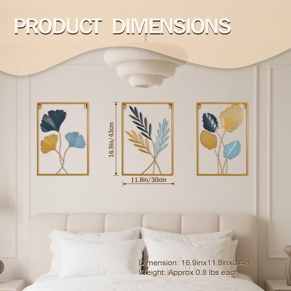 Metal Wall Art 3D Minimalist Tree Leaf Wall Sculpture Decor, Gold Framed Wall Art for Living Room Bedroom Dining Room Office – Housewarming Gifts (Gold Gray, 3 Pack)