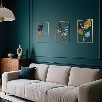Metal Wall Art 3D Minimalist Tree Leaf Wall Sculpture Decor, Gold Framed Wall Art for Living Room Bedroom Dining Room Office – Housewarming Gifts (Gold Gray, 3 Pack)