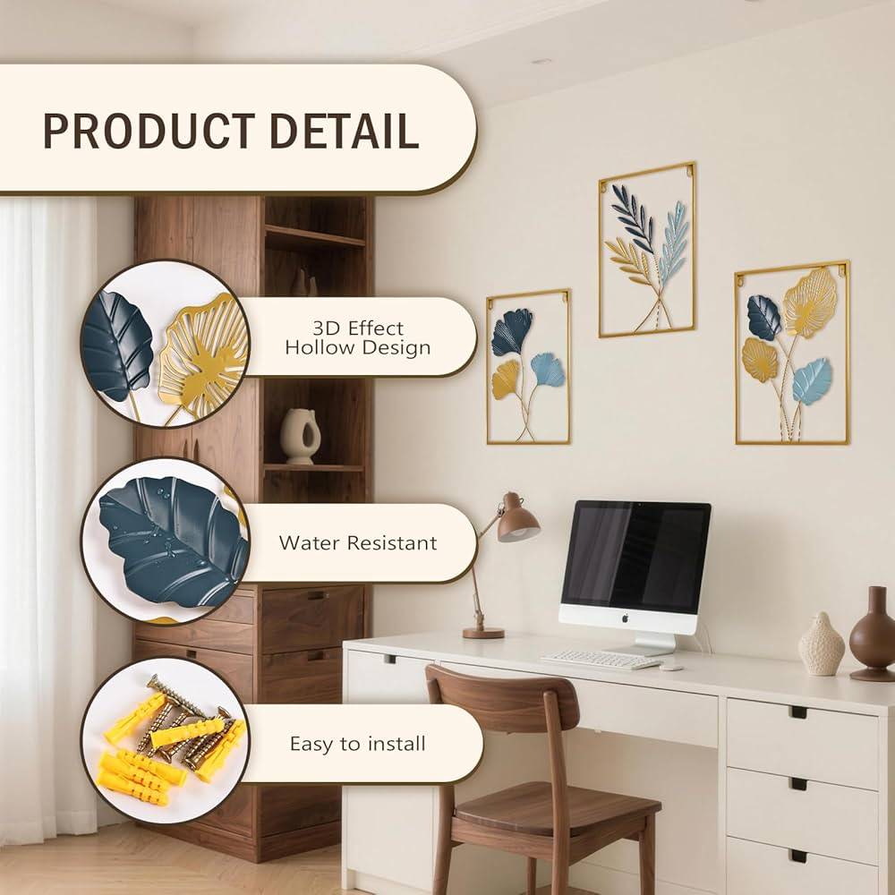 Metal Wall Art 3D Minimalist Tree Leaf Wall Sculpture Decor, Gold Framed Wall Art for Living Room Bedroom Dining Room Office – Housewarming Gifts (Gold Gray, 3 Pack)